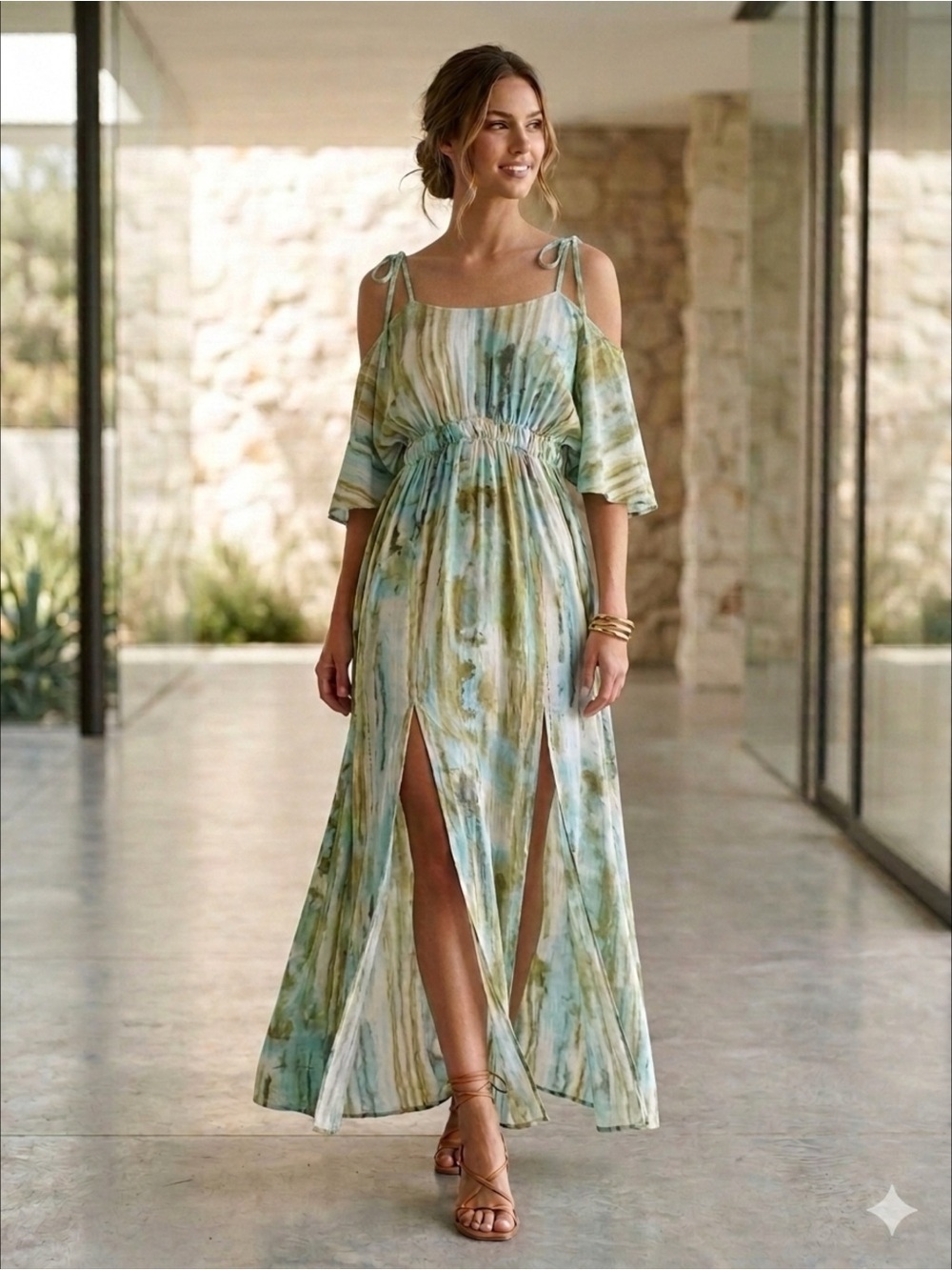 LUXXEL Abstract Watercolor Tie Dye Cold Shoulder Maxi Boho Dress High Slit M